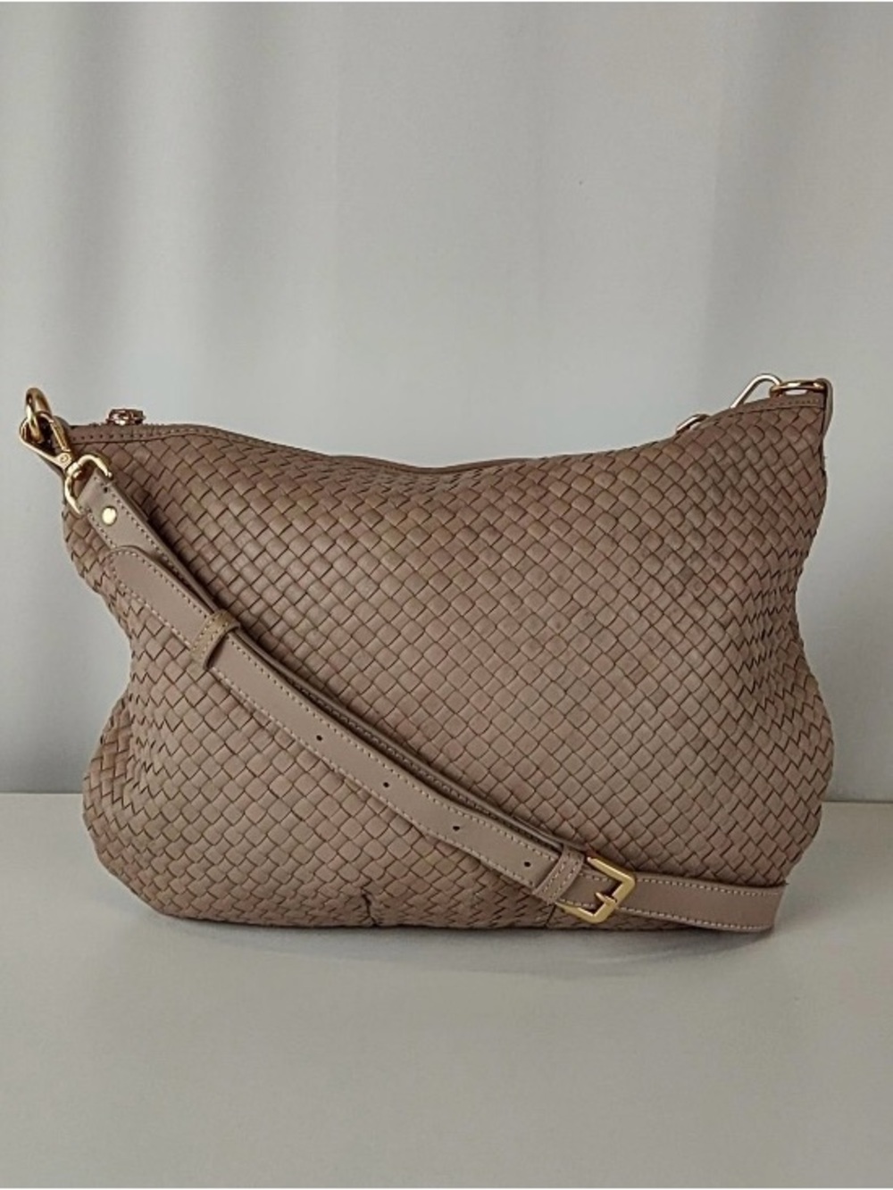 Quince Woven Leather Shoulder Bag in Taupe